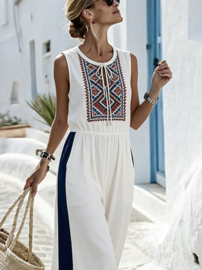 Women'S Casual Round-Neck Cotton And Linen Loose-Fitting Jumpsuit