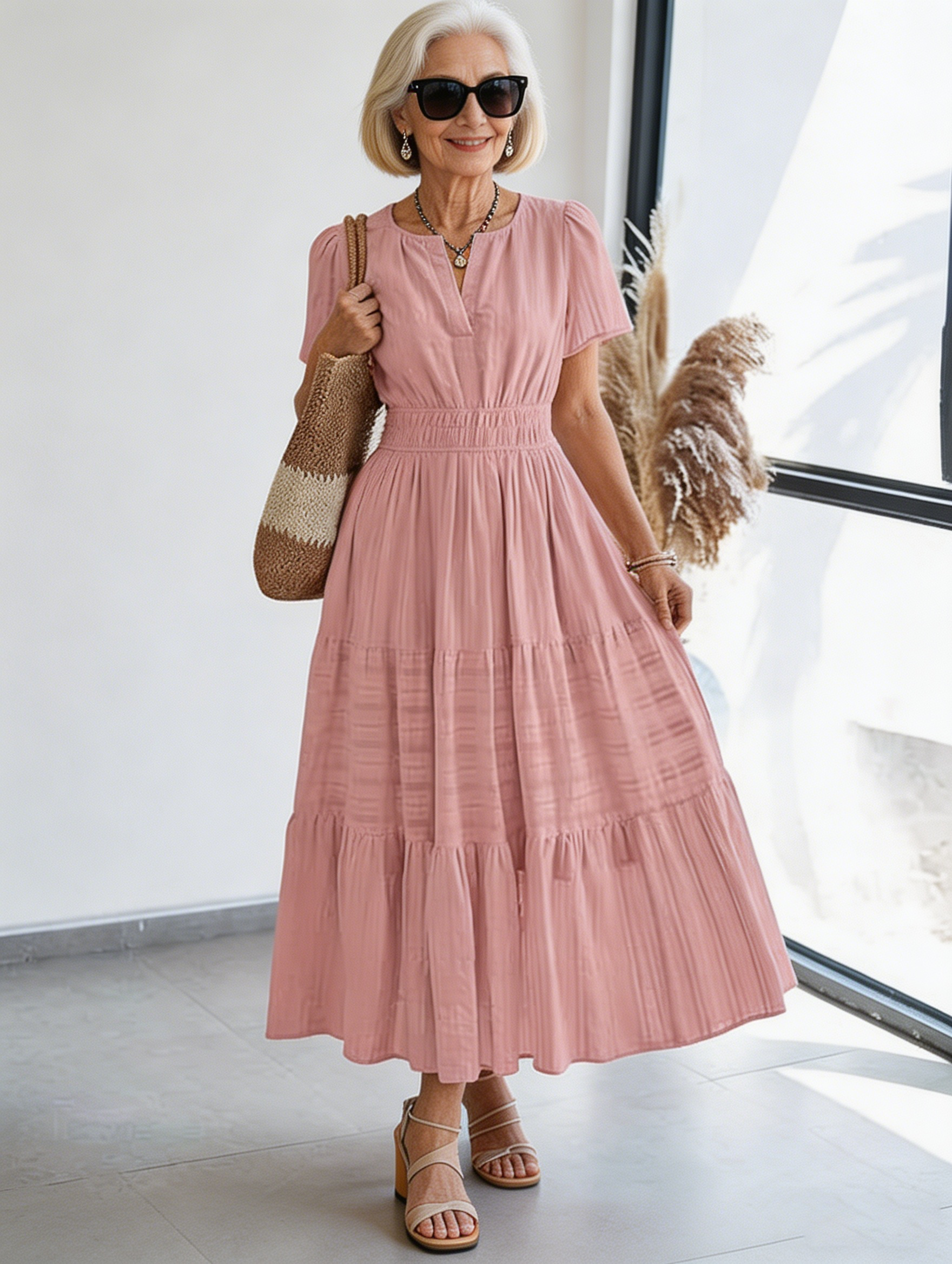 Cotton Fashion V-neck Pleated Bubble Sleeves Layered Pendulum Dress Women
