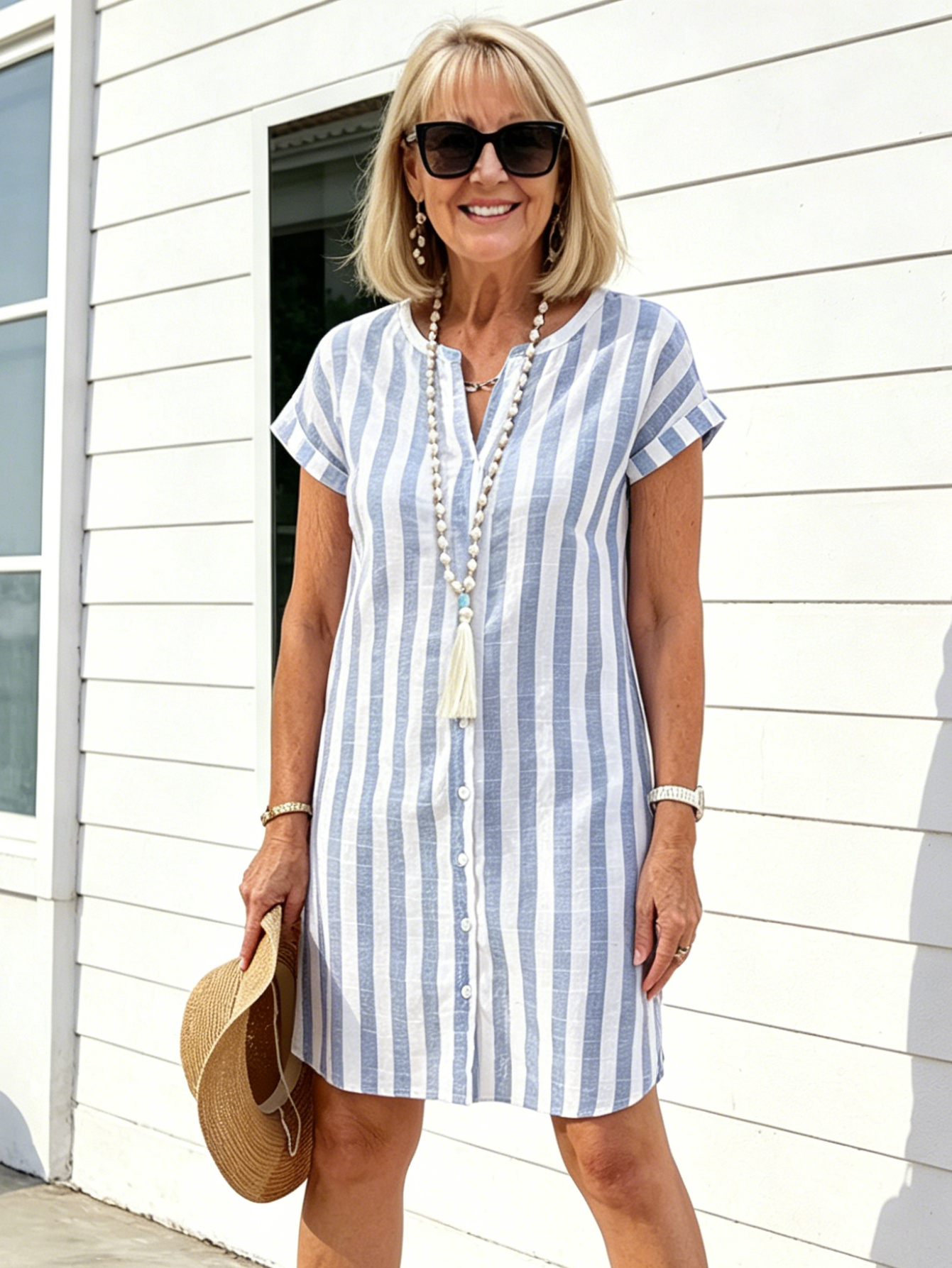 Breathable Cotton Dress Loose Casual Striped Shirt Dress