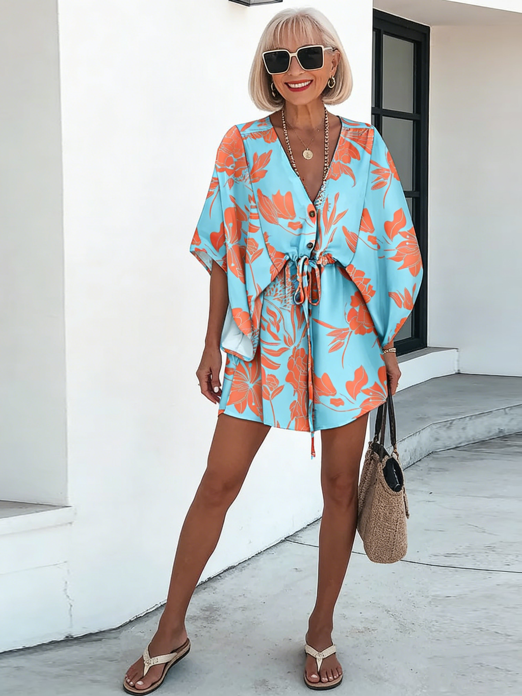 Vacation Flying Sleeve V Neck Lace-up Casual Holiday Dress