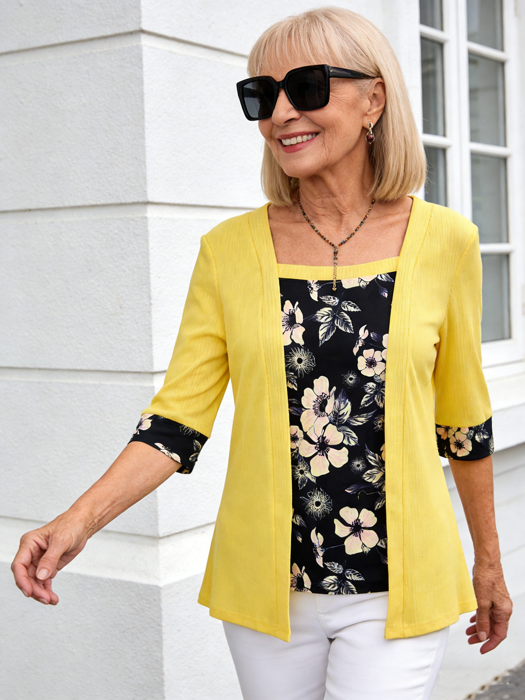 Fake Two-piece Five-quarter-sleeved Printed Women's Top T-shirt
