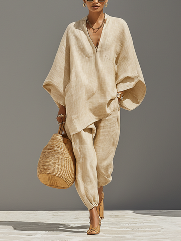 Women's Neutral Linen Set With Asymmetric Hem & Minimalist Design, Sophisticated Daily-Casual Style Set MDZ0501B3I