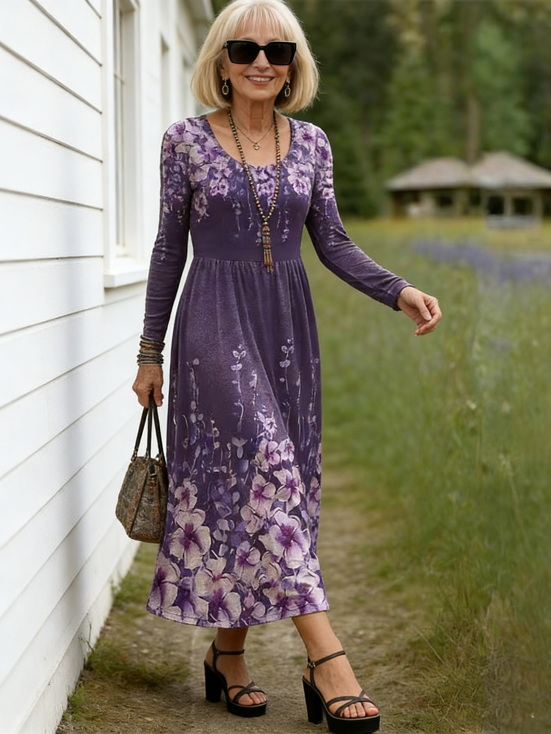 Fashion Crew Neck Long Sleeve Women's Print Flower Pattern Medium Dress Women's Dress