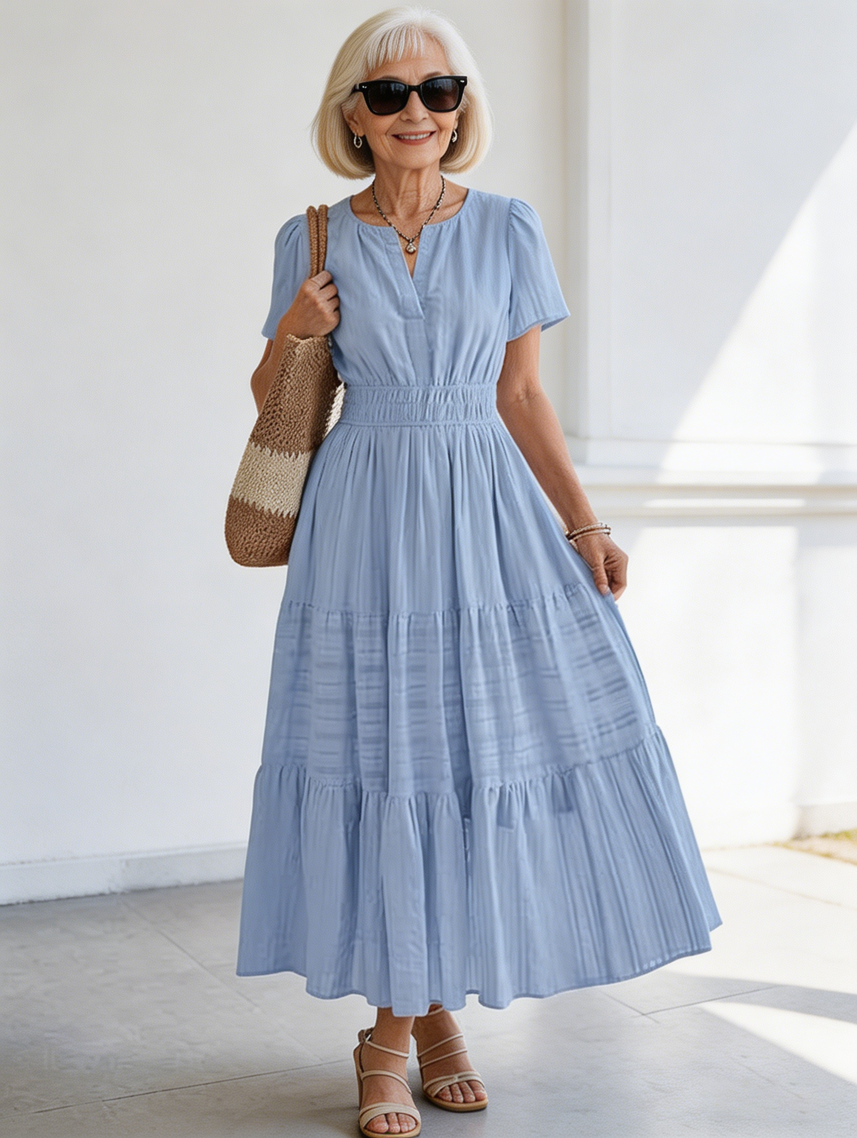 Cotton Fashion V-neck Pleated Bubble Sleeves Layered Pendulum Dress Women