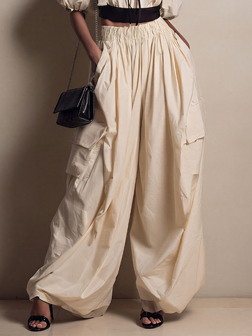 Women's Cream Cotton-Blend Wide-Leg Cargo Pants With Elastic Waist & Pockets, Timeless Utility-Chic Trousers MDZ2542D6LYL
