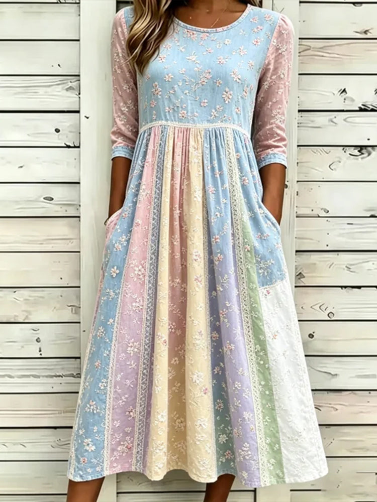 Women's Retro Floral Patchwork Art Embroidery Cotton Linen Mid-sleeve Dress