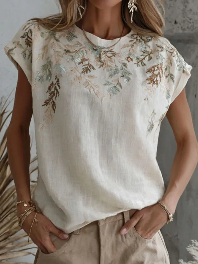 Women's Retro Floral Branch Art Print Linen Blend Crew Neck T-shirt