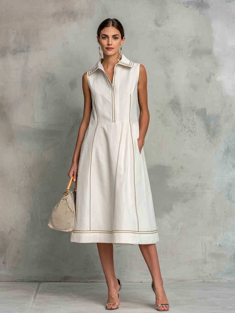Women's Simple White Cotton Linen Sleeveless A-Line Midi Dress With Contrasting Stitching MDZ2487D7GMJ