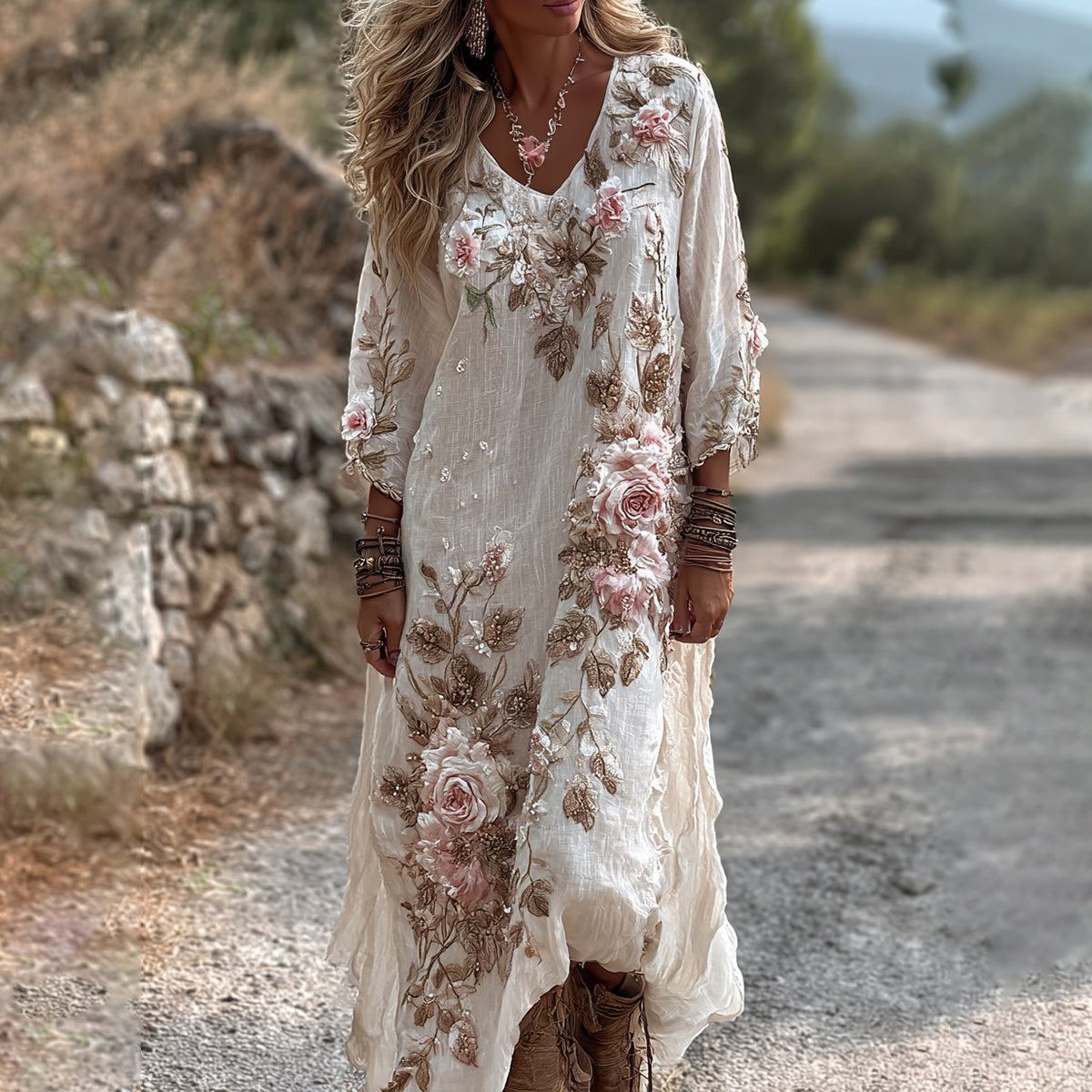 Women's Floral Roses Art Print Flowy Linen Blend Casual V Neck Maxi Dress