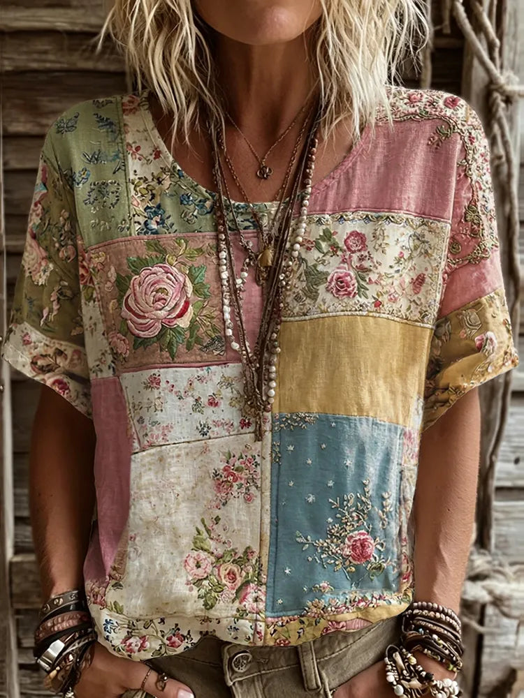 Women's Retro Bohemian Patchwork Floral Casual Linen T-shirt