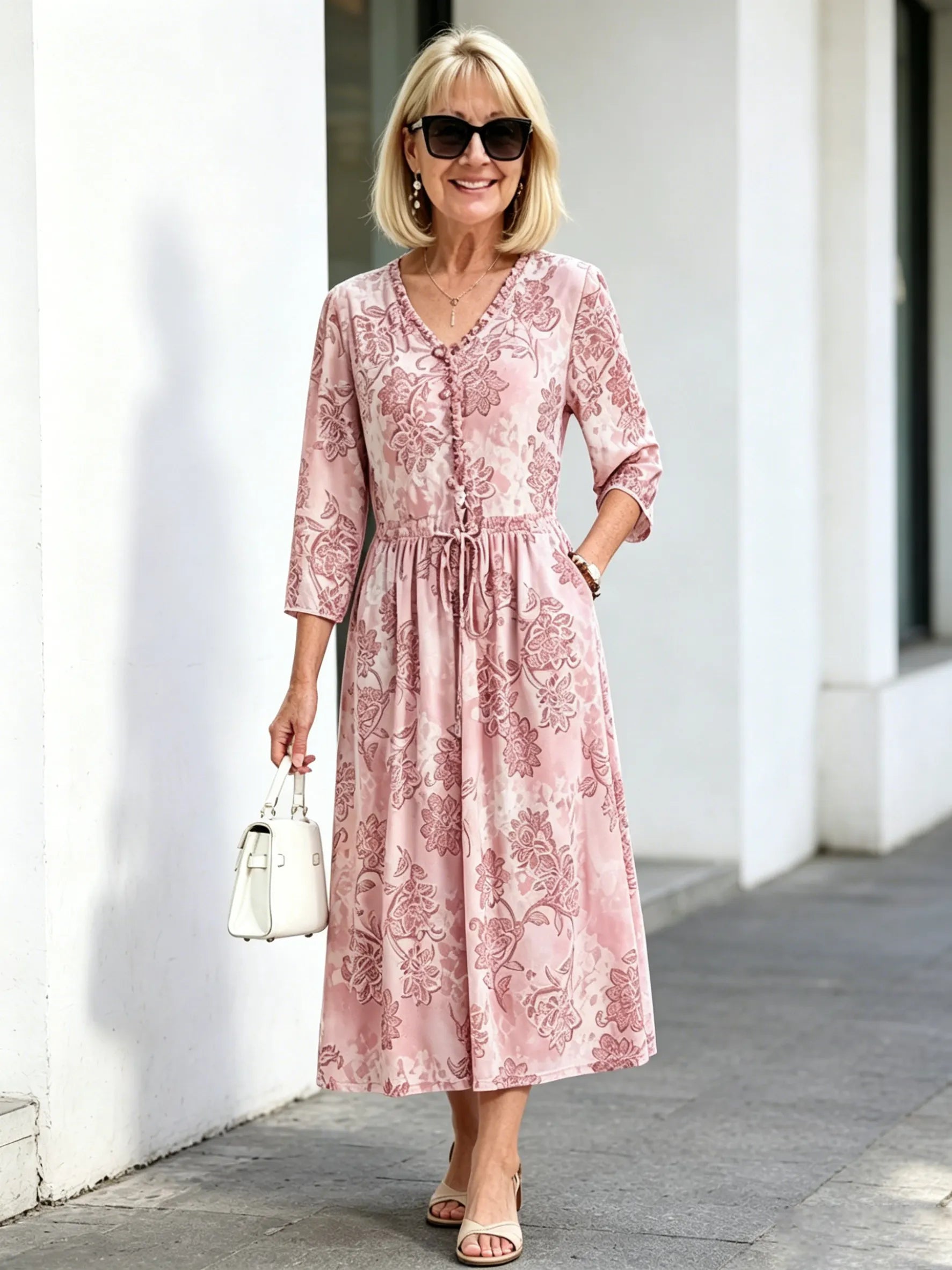 Navy Vintage Floral Maxi Dress, Ruffle Neck 3/4 Sleeve Elastic Waist Slimming Dress for Mature Women