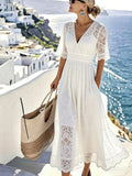 Women's White Lace V-Neck Elegant Dress