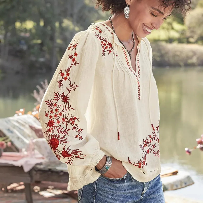 Women's Bohemian Embroidered Floral Blouse With Flared Sleeves
