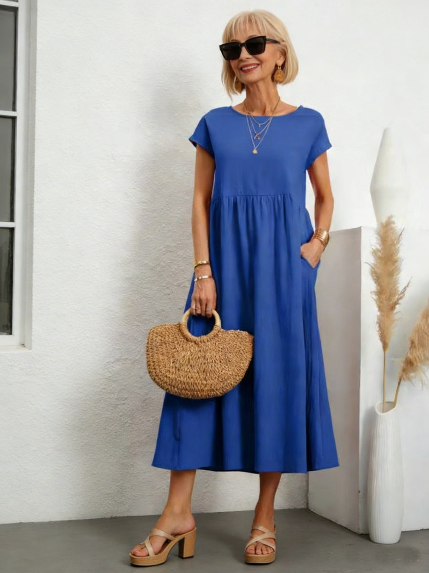 Solid Color Sleeveless Loose Cotton and Linen Pockets, Dress