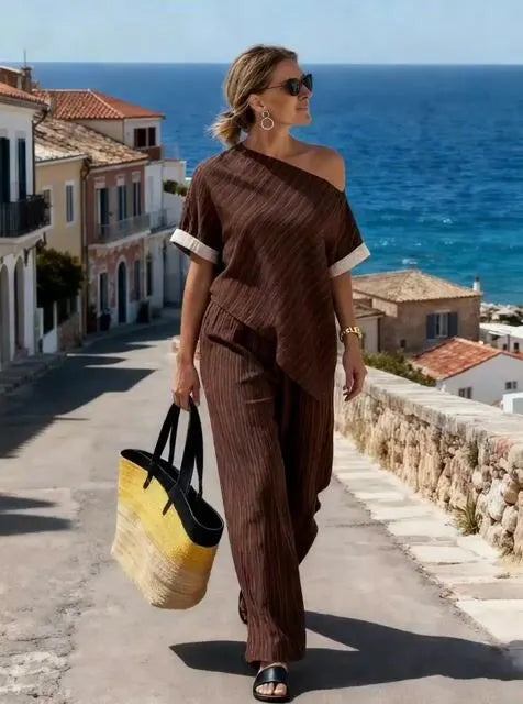Women's Striped Short-Sleeved Suit With Shoulder Straps