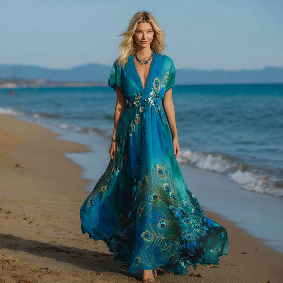Bohemian Style Retro Peacock Feather Pattern Women's Casual Cotton And Linen Dress