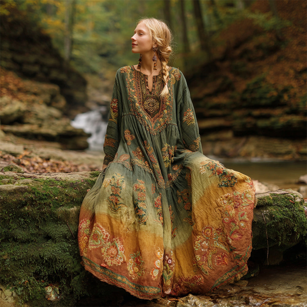 Vintage Boho Floral Pattern Women's Linen Long Sleeve Flowy Maxi Dress