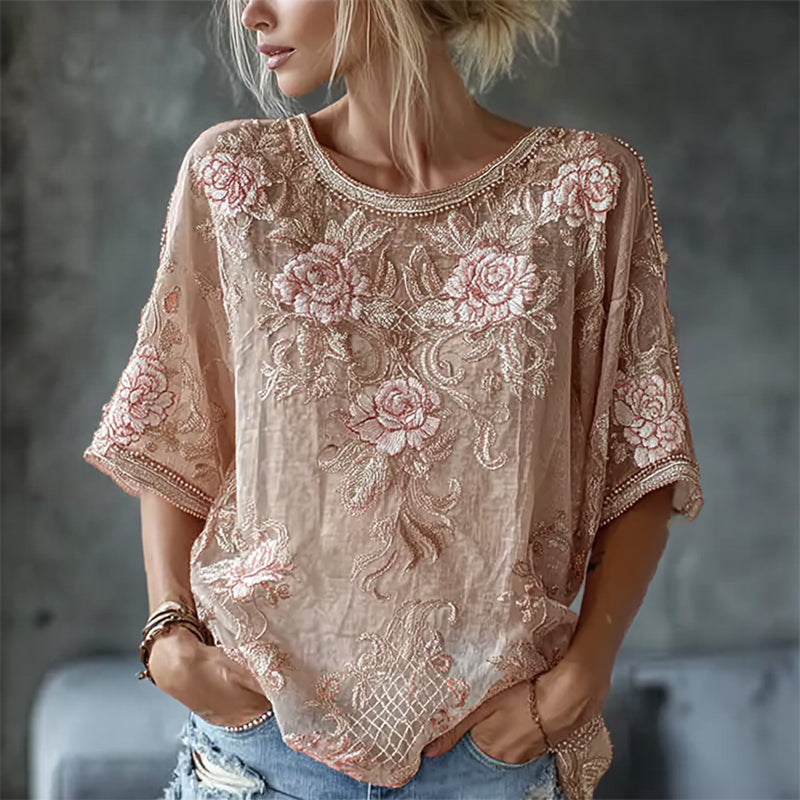 Women's Vintage Floral Embroidered Art Flowy Linen Blend Short Sleeve Casual Tops