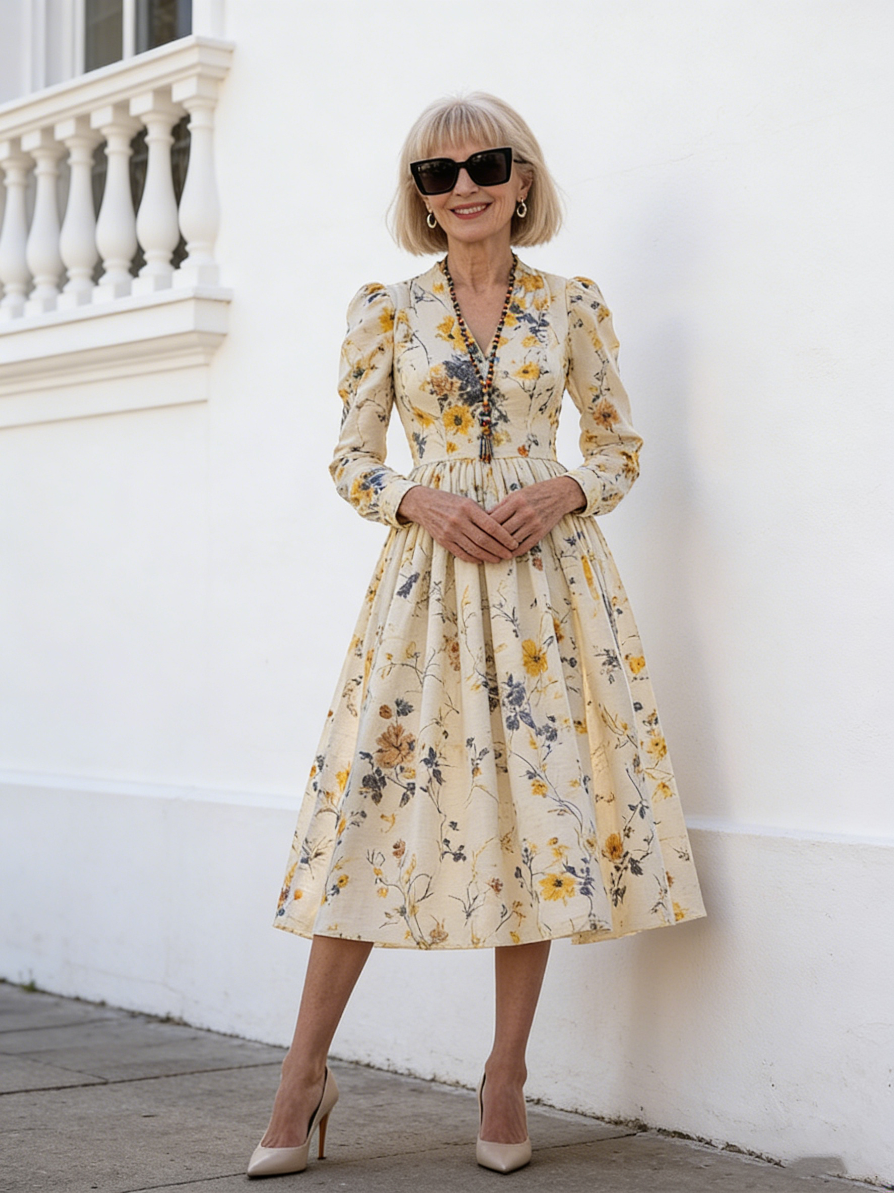 Printed V-neck Waist Long Sleeve A Pendulum Women's Dress Long Dress Literary Retro Fashion Elegant