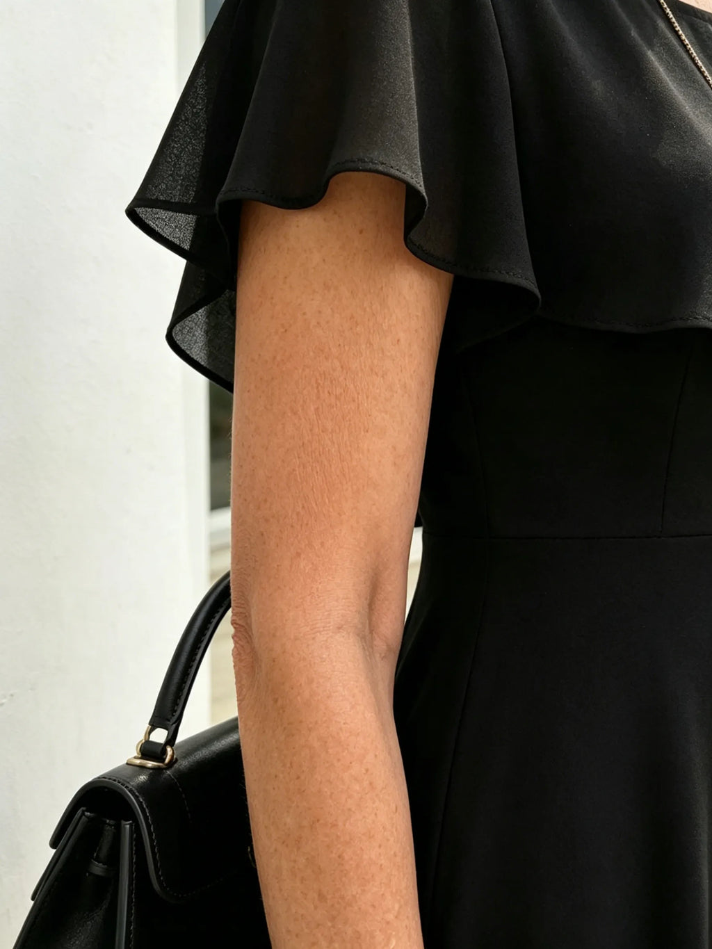 Black Ruffle Cape Sleeve Chiffon Maxi Dress, Round Neck Waist Defined Flowy Big Swing Hem Elegant Formal Dress