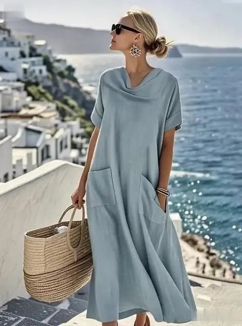 Women'S Solid Color Short-Sleeved Loose Cotton And Linen Dress