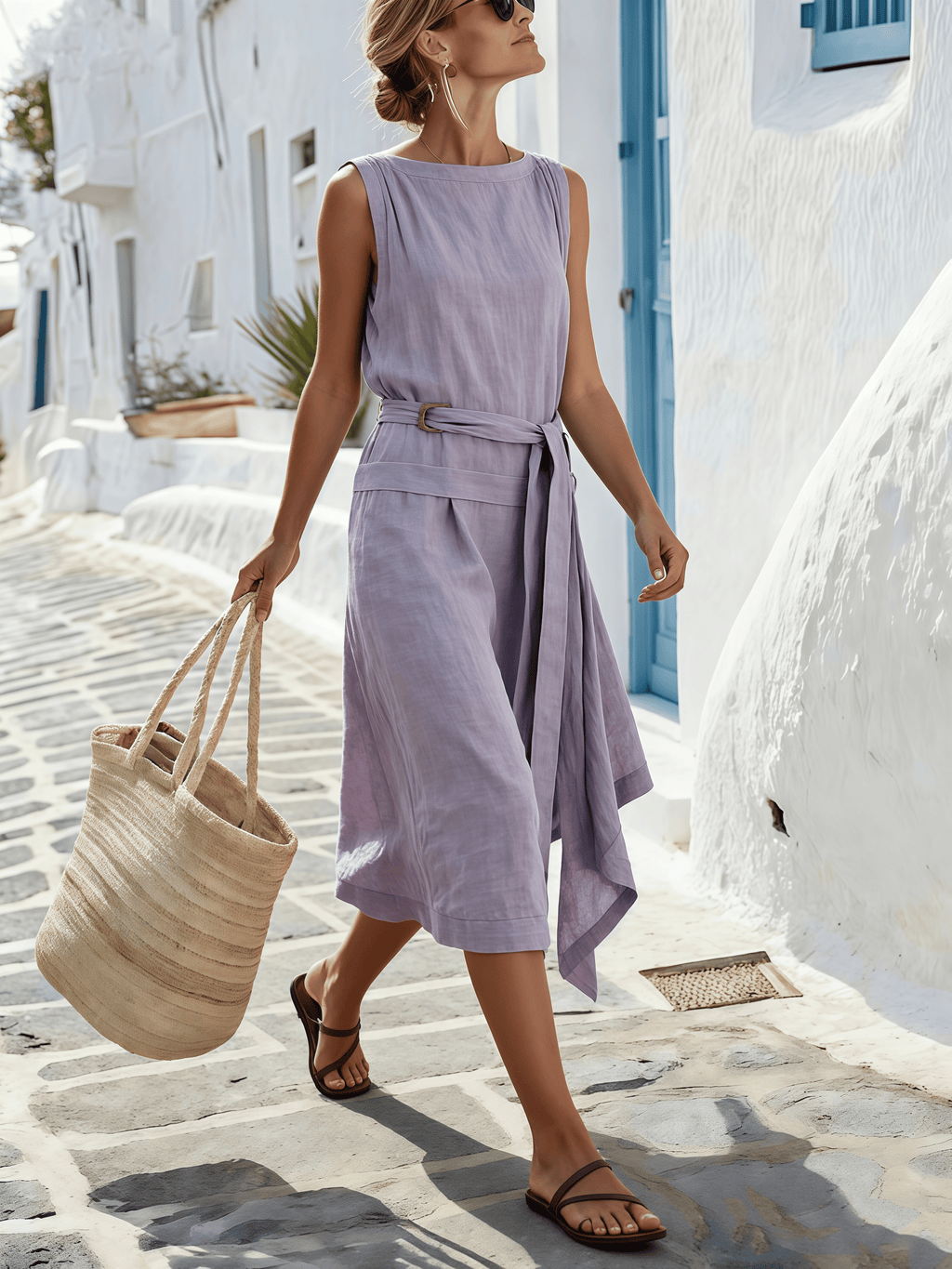 Women's Summer Sleeveless Round Neck Tie Dress