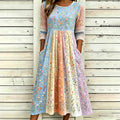 Women's Colorful Floral Art Embroidery Patchwork Comfortable Linen Blend Round Neck Dress