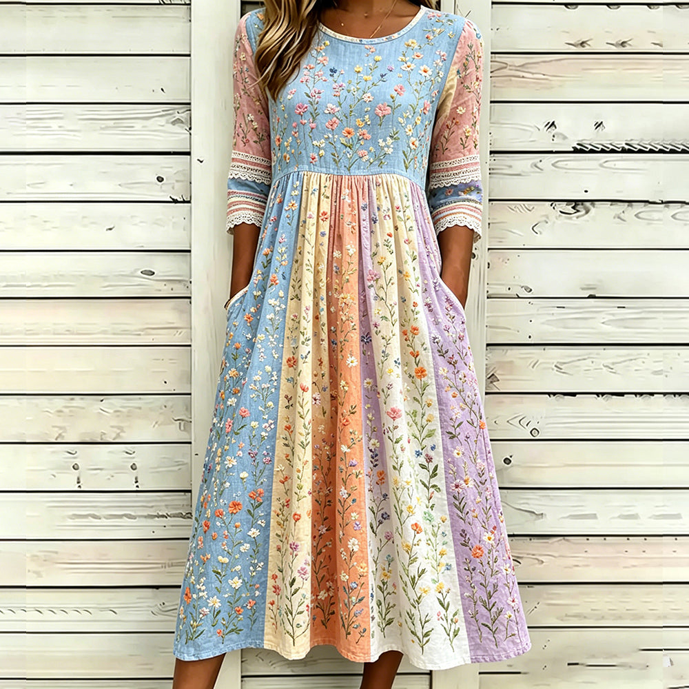 Women's Colorful Floral Art Embroidery Patchwork Comfortable Linen Blend Round Neck Dress