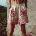 Vintage Pink Roses Embroidered Gradient Art Linen Shorts