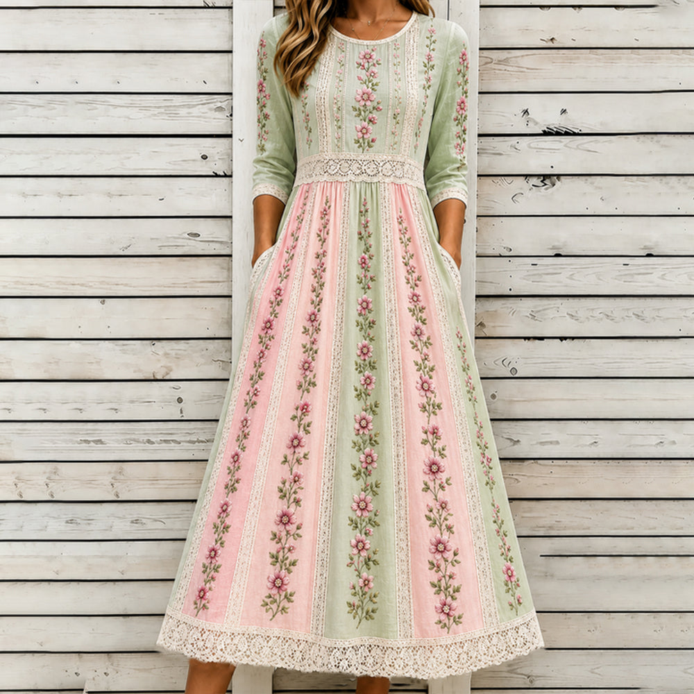 Women's Pink Floral And Lace Art Striped Comfortable Linen Blend Casual Dress