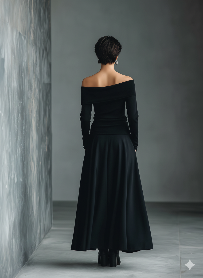 Women’s Black Knit Off-the-Shoulder Long Sleeve Ruched Waist Fitted Top MDA0400L1T