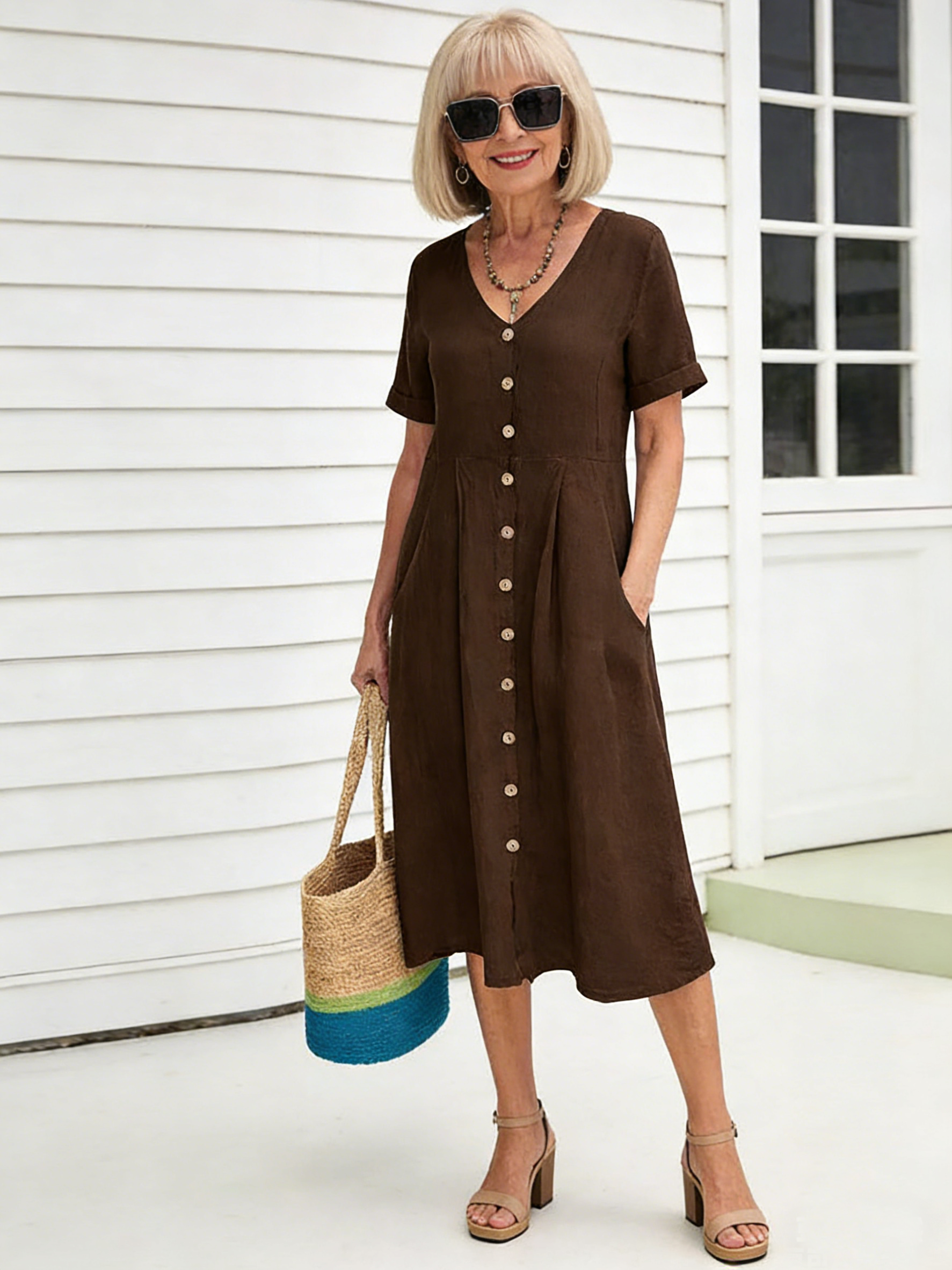 Solid Color Loose High Waist Cotton and Linen Dress