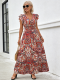 Boho Printed V-neck Ruffle Edge Long Dress