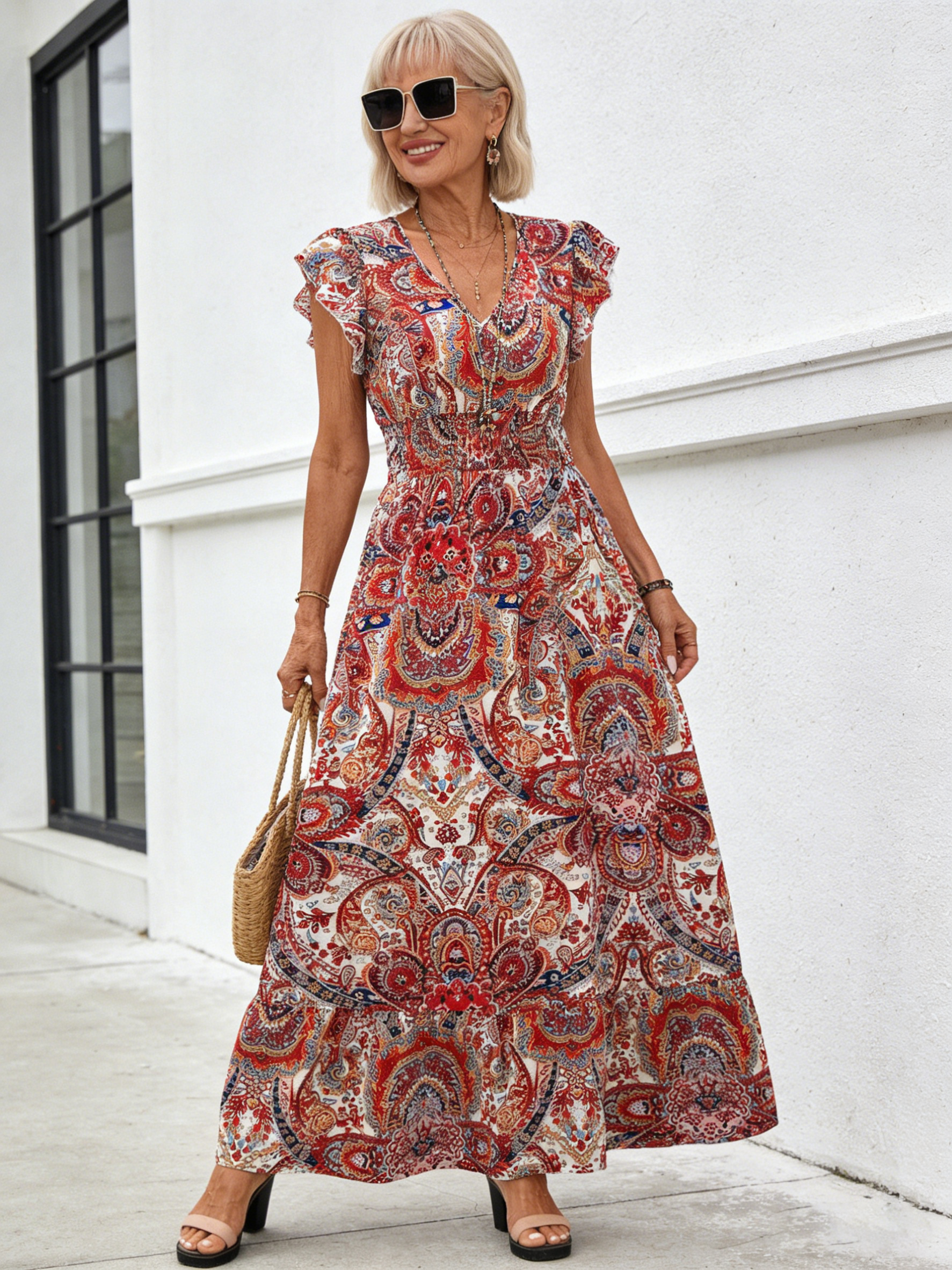 Boho Printed V-neck Ruffle Edge Long Dress