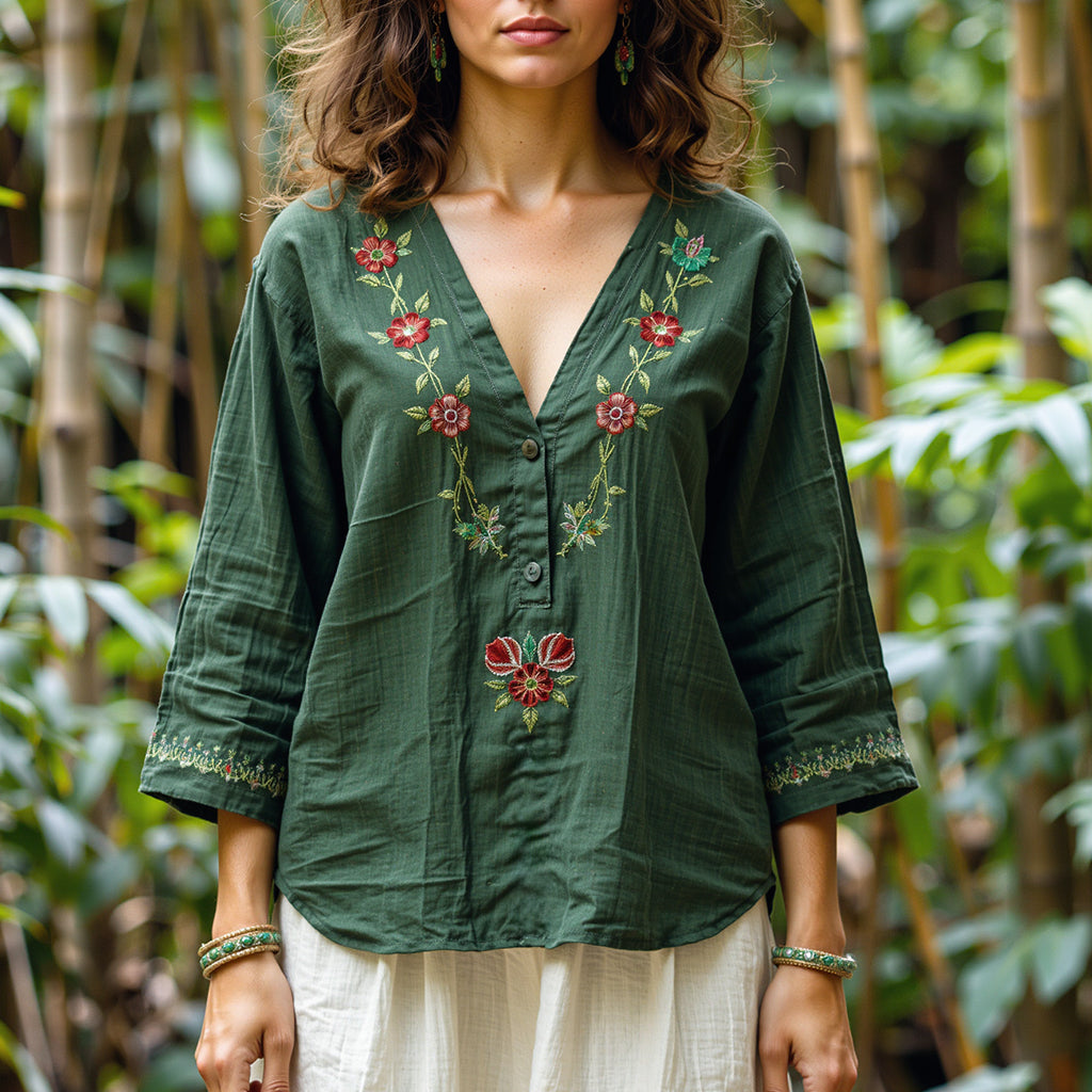 Women's New Casual Embroidery Printed Cotton And Linen Loose Shirt