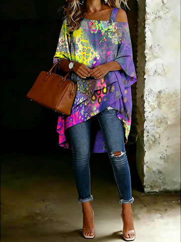 Women's Leopard Floral Cold Shoulder Asymmetrical Hem Blouse