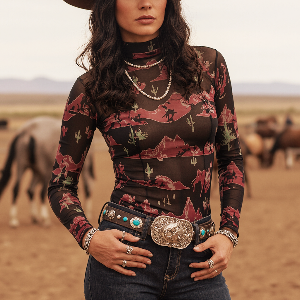 Women's Vintage Cowboy Desert Elegance: Boho-Inspired Camouflage Top With Cowboy Hat