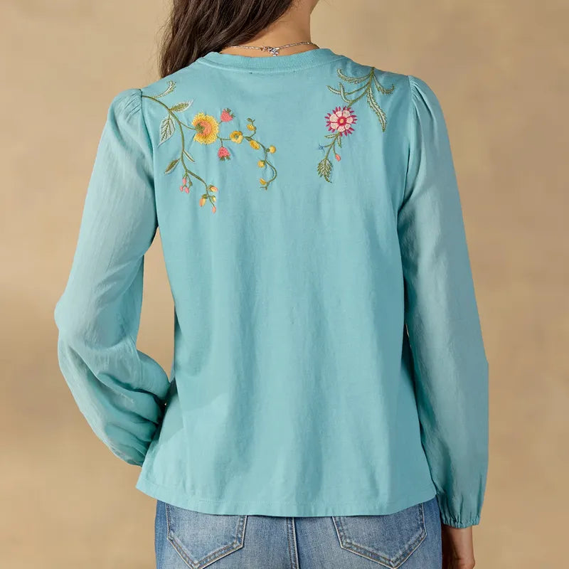 Women's Retro Flower Embroidery Button Round Neck Long Sleeved Shirt