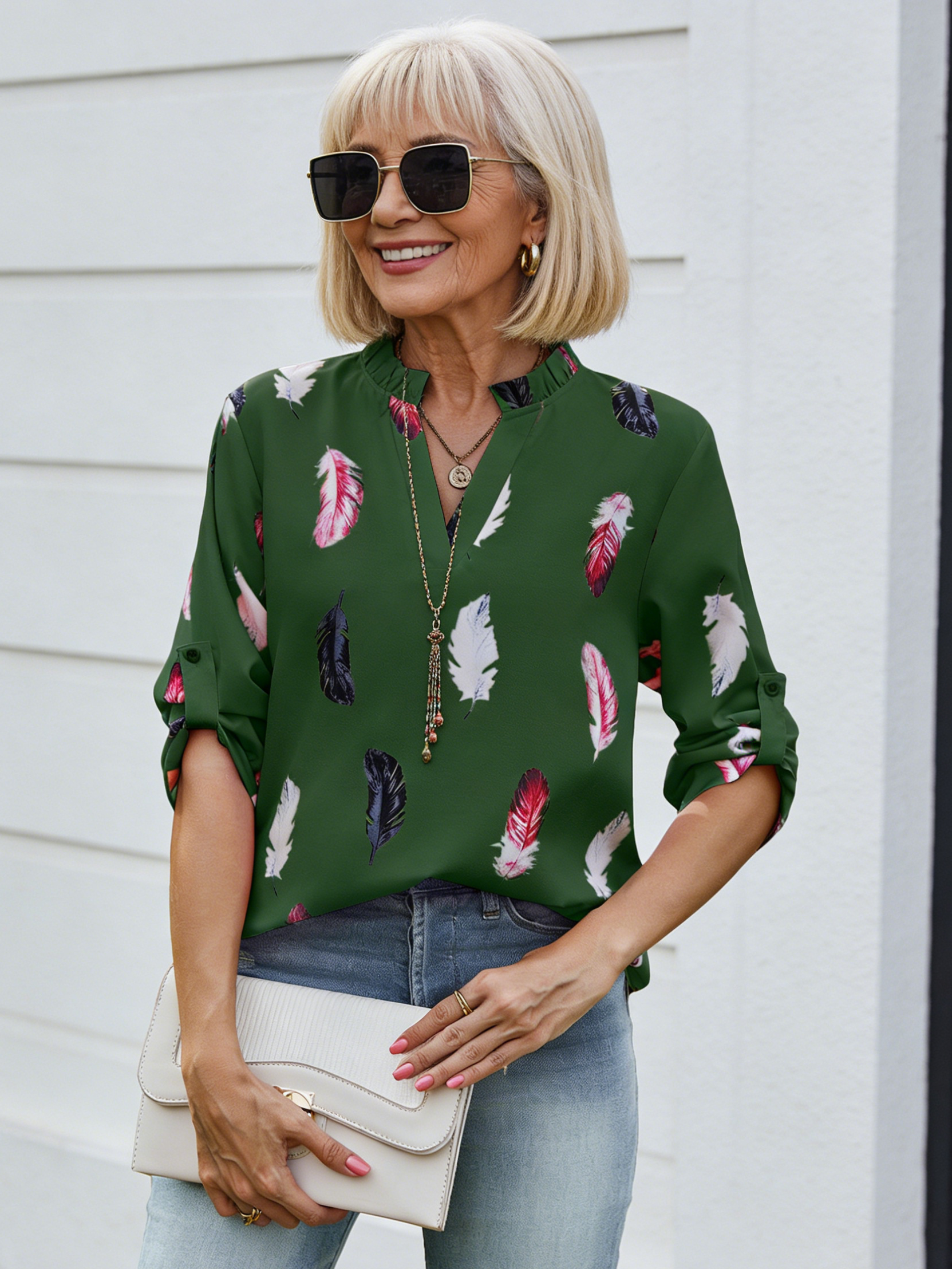 V-neck Feather Print Seven-quarter Sleeve Loose Shirt