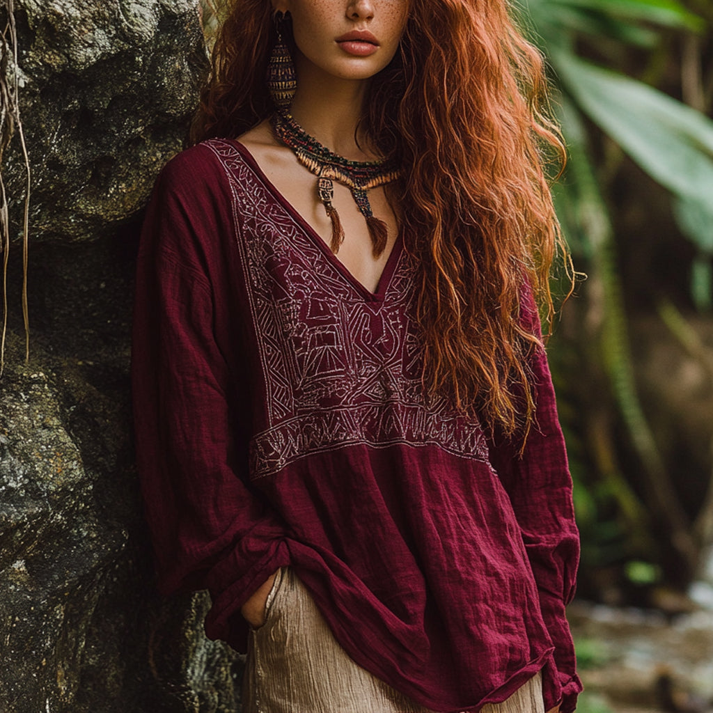 Bohemian Holiday Style Vintage Embroidered Print Casual Long-sleeved Top