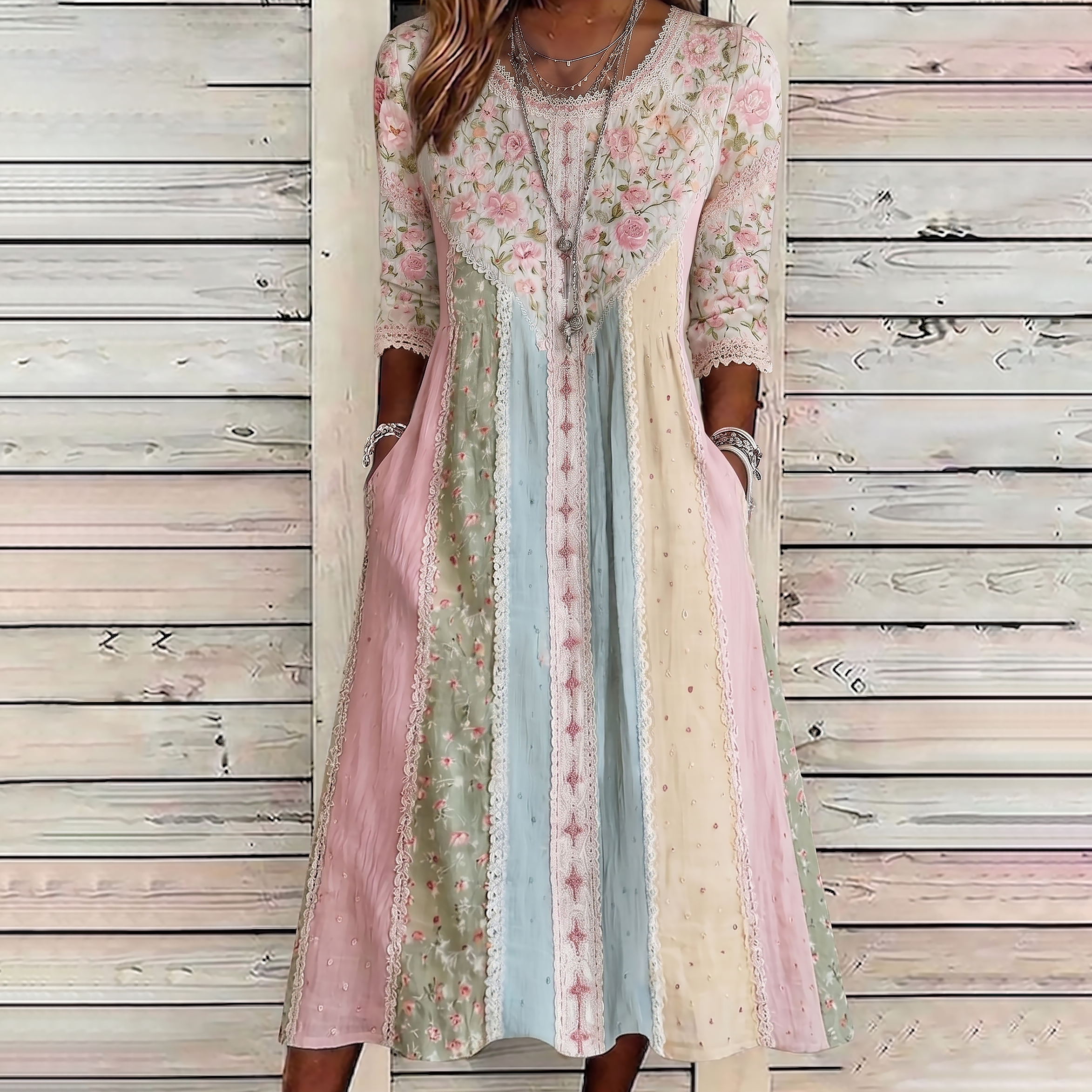 Women's Casual Retro Floral Contrast Color Patchwork Linen Dress