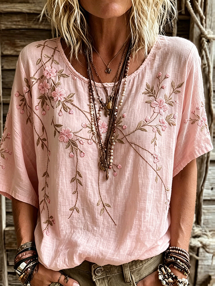 Women's Vintage Pink Floral Art Linen Blend T-shirt