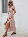 Small Floral V-neck Cardigan Belt Wrap Short Sleeve Bohemian Vacation Dress Women