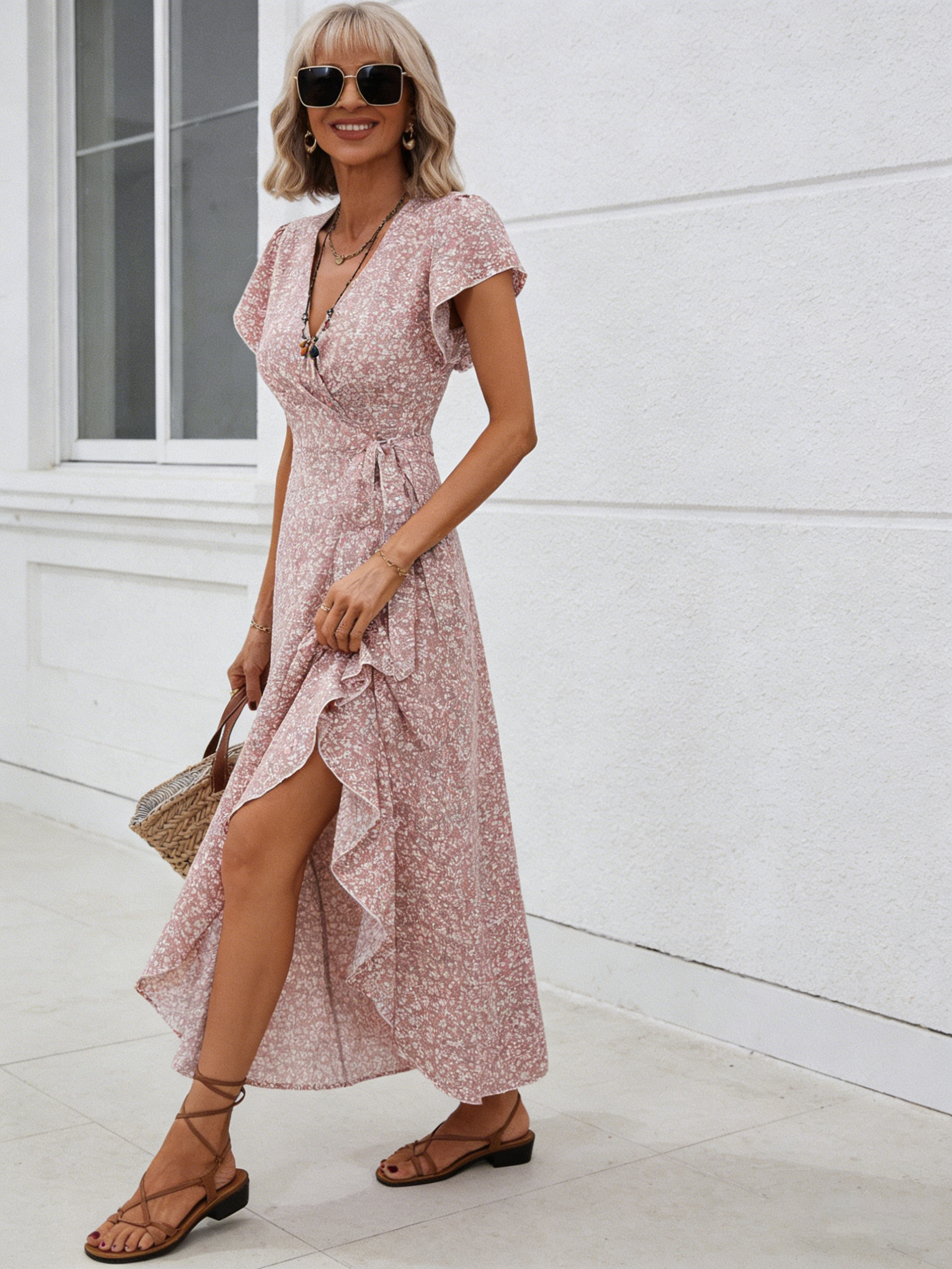 Small Floral V-neck Cardigan Belt Wrap Short Sleeve Bohemian Vacation Dress Women
