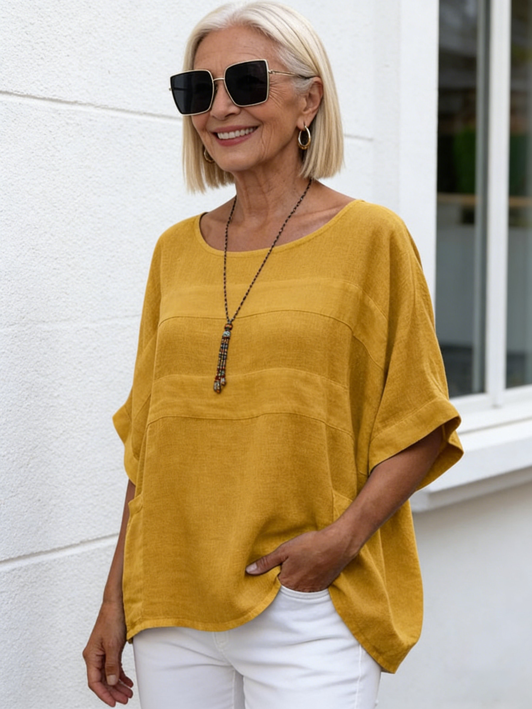 Linen Women's Crew Neck Seven-quarter Sleeve Casual Loose Top