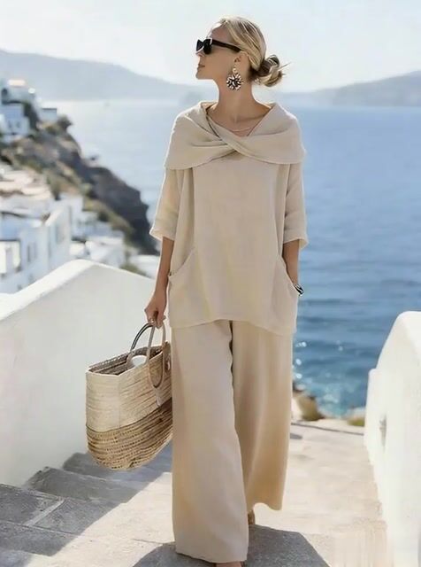 Women'S Casual Solid Color Cotton And Linen Two-Piece Set