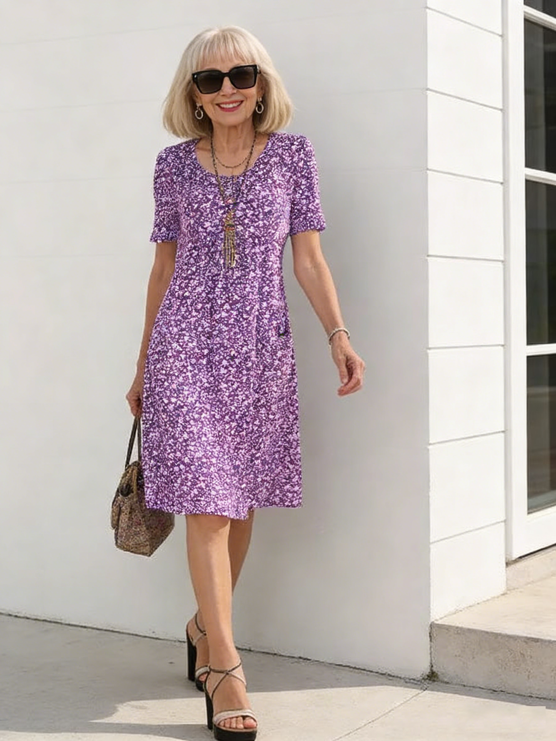 Holiday Style Round Neck Short-sleeved Floral Medium and Long Dress