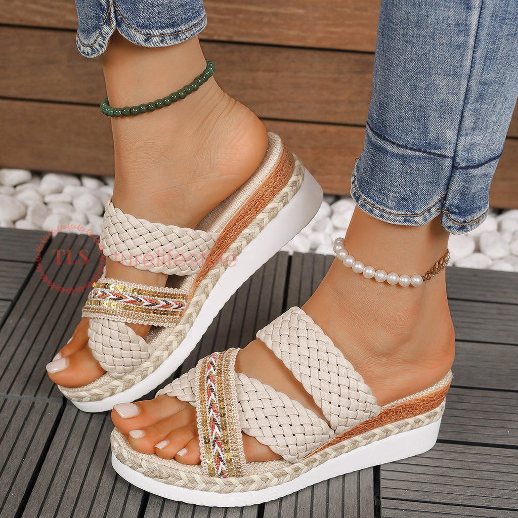 Thick-soled Women's Slippers Hemp Rope Woven Casual Fashion Fish Mouth Slippers