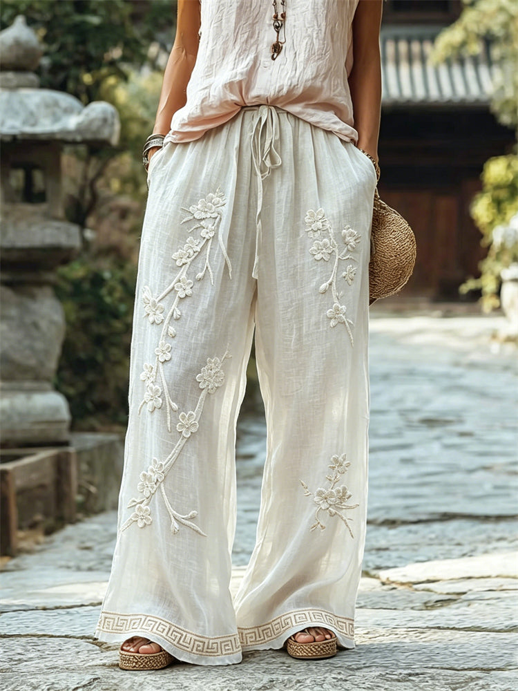 Vintage White Almond Blossom Japanese Art Wide Leg Linen Pants