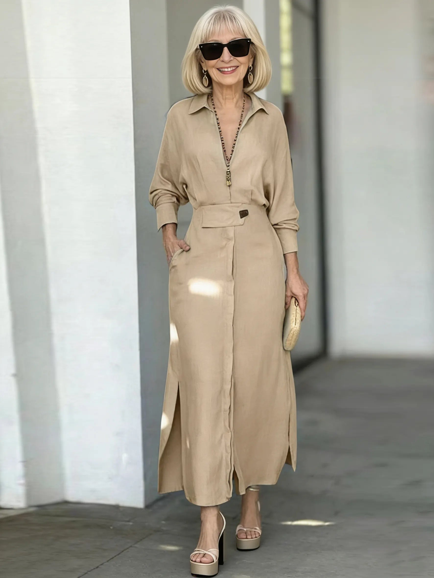 Diligent Lace-up Solid Color Waist Long-sleeved Irregular Shirt Dress Women